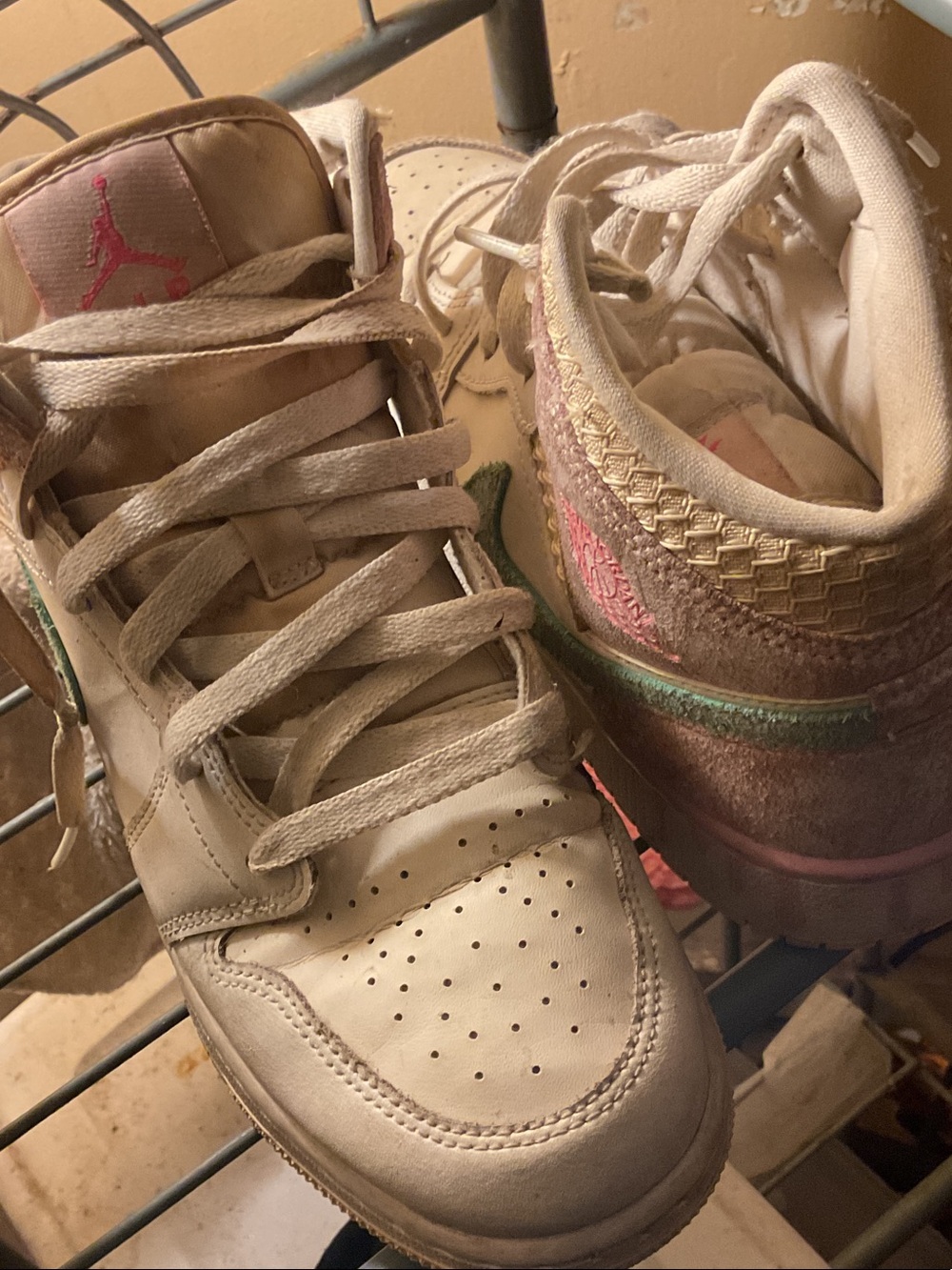 Jordan Kids Mid-Top Sneakers in Cream with Pink and Green Accents